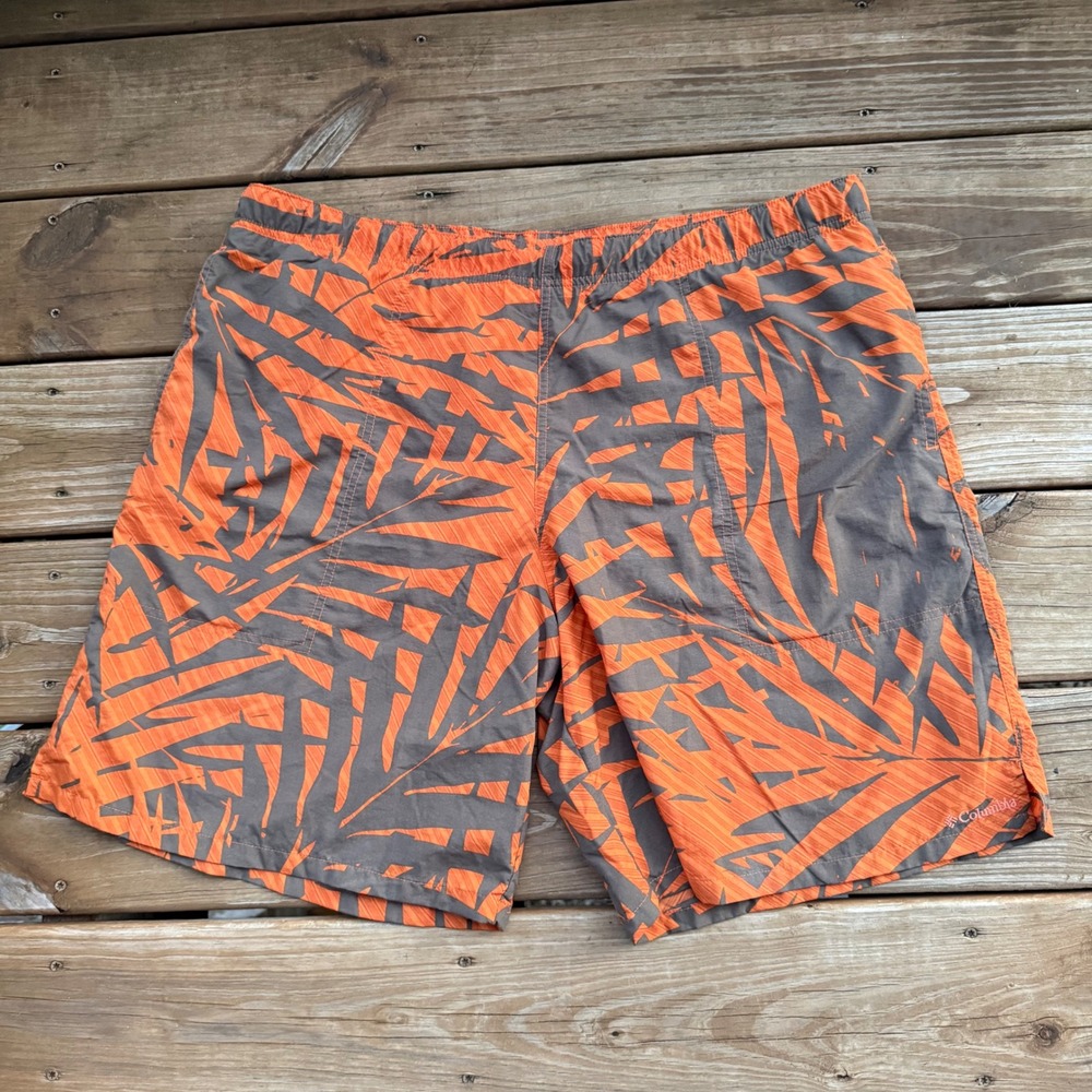 Columbia Swim Shorts Mens XL Orange Gray EUC Tropical Leaf Mesh Lined AM4527